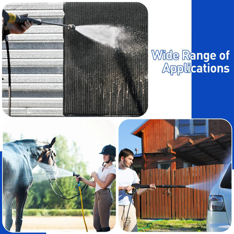 Three uses of Six Pack Three Quarters Inch Pressure Washer Garden Hose Adapter With Quick Connect System on different surfaces.