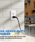 Built Tough 20 Amp Tamper Resistant Duplex Receptacle Outlet 10 Pack showing powered socket on wall with black cord.
