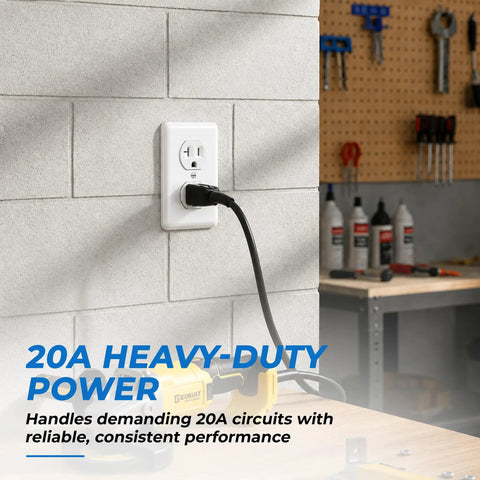Built Tough 20 Amp Tamper Resistant Duplex Receptacle Outlet 10 Pack showing powered socket on wall with black cord.
