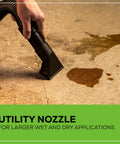 Cordless 40V 3 Gallon Wet Dry Shop Vacuum With Extras in use cleaning liquid with utility nozzle on concrete surface.