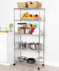 Five Tier Wire Shelving On Wheels With Adjustable Shelves In 1 Inch Increments And Leveling Feet, 30 In W X 14 In D, Chrome Plating