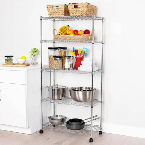 Five Tier Wire Shelving On Wheels With Adjustable Shelves In 1 Inch Increments And Leveling Feet, 30 In W X 14 In D, Chrome Plating