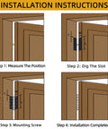 Door hinge installation instructions diagram showing four steps for a 4.5x4.5 inch black heavy-duty hinge