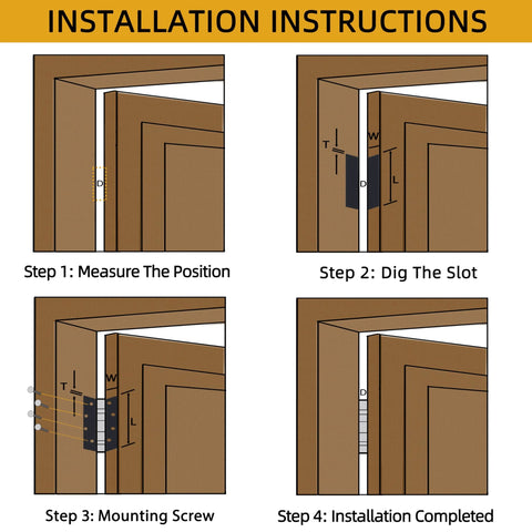 Door hinge installation instructions diagram showing four steps for a 4.5x4.5 inch black heavy-duty hinge