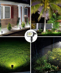 Solar Spot Lights Outdoor for Landscape, 6 Pack with 3 Modes, illuminating a house exterior, palm tree, lawn, and garden at night