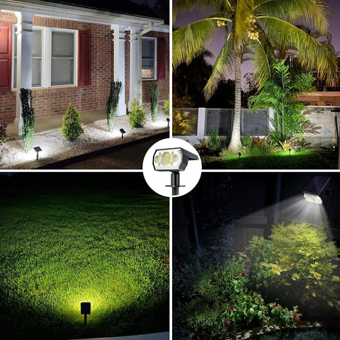 Solar Spot Lights Outdoor for Landscape, 6 Pack with 3 Modes, illuminating a house exterior, palm tree, lawn, and garden at night