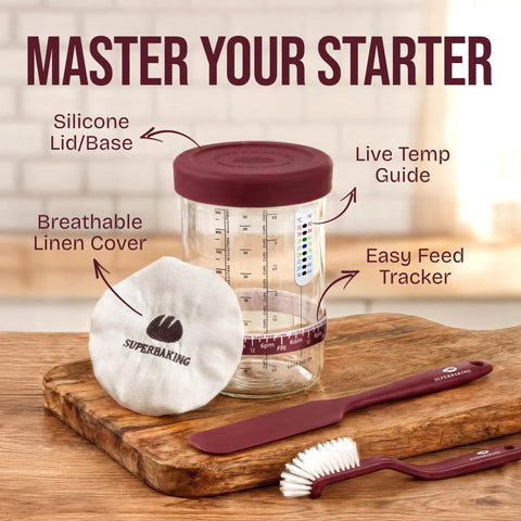 All In One Sourdough Starter Kit with glass jar, silicone lid, linen cover, temperature guide, and tools on a wooden board.