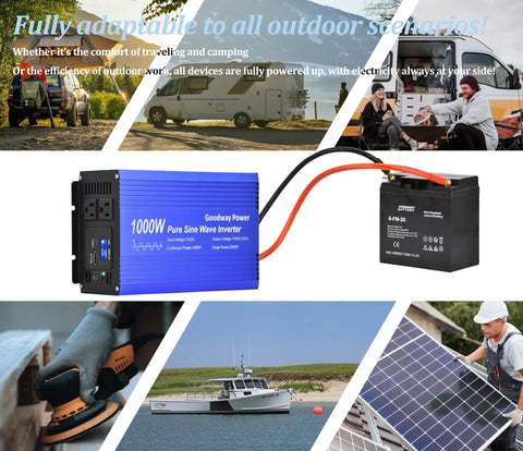 Pure Sine Wave Inverter DC 12V To AC 110V 1000W Rated 2000W Surge during outdoor use, charging devices with LCD display.