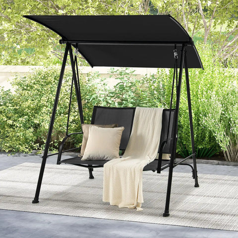 Two Person Outdoor Swing With Adjustable Canopy Cozy Patio Loveseat Swing With Heavy Duty Metal Frame in garden setting