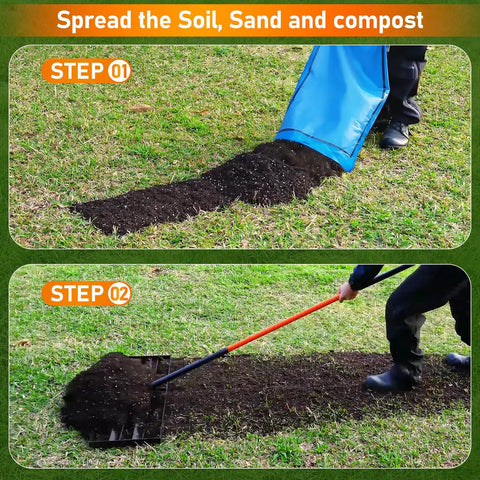 Using Stainless Steel Leveling Rake With 78 Inch Adjustable Handle to spread soil on lawn step-by-step.