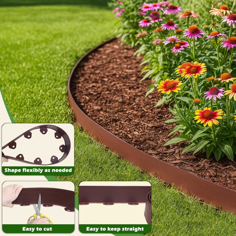 Landscape Edging Kit No Dig Garden Border 40 Foot Long 3 Inch Tall Brown Polymer Edging shown with flowers and mulch