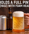 Grab This Pack Of Four 16 Oz Freezer Beer Mugs With Bright Color Coded Handles Shatter Resistant Acrylic Frosty Insulated Barware For Poolside Chilling Backyard Cookouts And Game Day Vibes, featuring a frothy beer in a clear mug.
