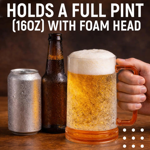 Grab This Pack Of Four 16 Oz Freezer Beer Mugs With Bright Color Coded Handles Shatter Resistant Acrylic Frosty Insulated Barware For Poolside Chilling Backyard Cookouts And Game Day Vibes, featuring a frothy beer in a clear mug.