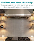 Battery Powered Under Cabinet Lights With Tap Technology illuminating kitchen shelves