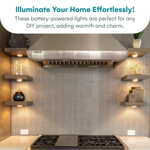 Battery Powered Under Cabinet Lights With Tap Technology illuminating kitchen shelves