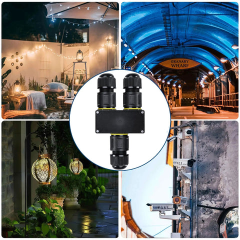 Y Shape 3 Way IP68 Waterproof Junction Box With Quick Release Cable Connector And M20 Glands UL ETL CE Certified Flame Retardant PC PA66 Space Saving Design For Landscape Lighting Fits 4 12mm Cables Black, shown with outdoor lighting