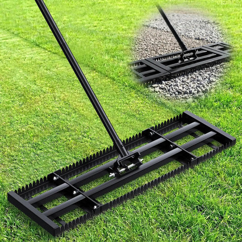 Two In One Lawn Leveling Rake With Dual Sided Design 32 By 10 Ground Plate And 78 Inch Adjustable Handle in use on grass and gravel