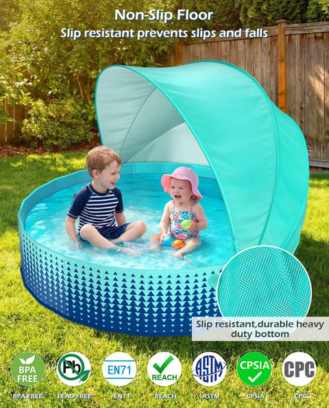 Kiddie Pool With Canopy And Shade For Backyard Water Play 40 Inch Foldable Toddler Pool shown with children enjoying water.