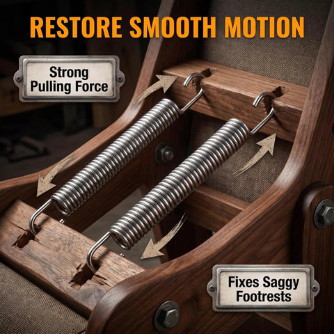 Built Tough Two Pack Heavy Gauge Steel Tension Springs designed for exact seven inch hook to hook recliner mechanism, showing strong pulling force.