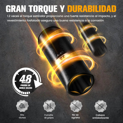 Close-up of a black deep impact socket with glowing effects, labeled '22', showcasing torque and durability features.