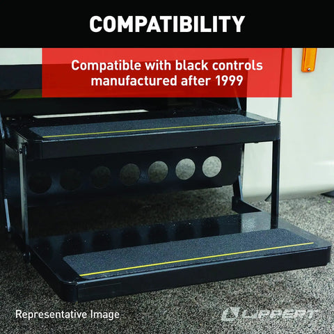 Magnetic Switch Replacement Kit for 32 Series RV Step with black finish, shown installed on Lippert 32 Series steps