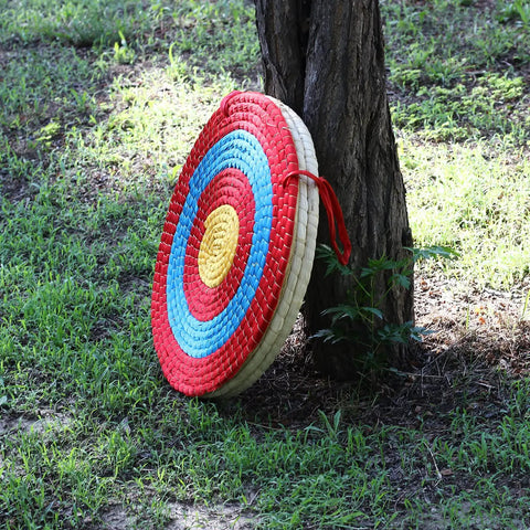 Backyard Archery Target For Adults And Youth, Easy Arrow Removal And Durable Straw Target For Outdoor Practice, leaning against tree