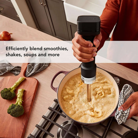 Wireless Stick Blender Set With Whisk No Cords Attached 7 Inch Blending Arm Stainless Steel Blade for mixing soups.