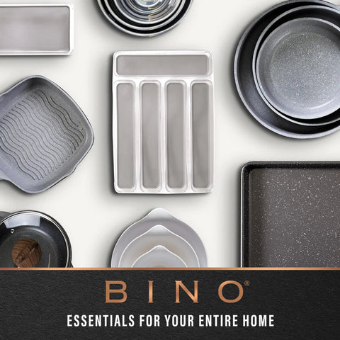 Various baking and storage pans including a gray striped dish, suitable for home organization and kitchen use.