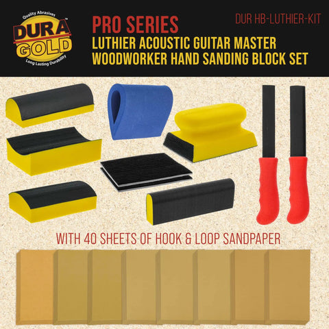 Pro Grade Luthier Hand Sanding Block Set with 40 sheet hook and loop sandpaper kit for guitars, includes blocks and file sticks.