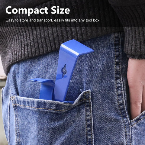 Blue pry bars from Beefy Heavy Duty Flat Pry Bar Set in jeans pocket, showcasing compact size for easy transport and storage.