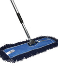 Badass Heavy Duty 24 Inch Nylon Dust Mop Head For Hardwood Floors Machine Washable Commercial Sweeper with blue mop pad and ergonomic handle.