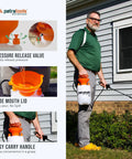 Man using One Gallon Pump Sprayer For Lawn Care And Weeds with 52 inch hose, easy carry handle, and wide mouth lid next to house