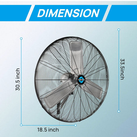 30 Inch High Velocity Wall Mount Fan For Industrial And Commercial Use Oscillating 2 Speed Delivers Up To 8400 CFM dimensions