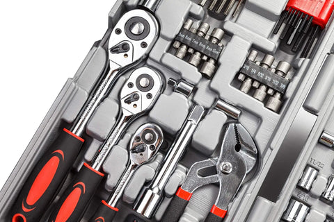 205 Piece Ratchet Wrench Tool Set With 1/4, 3/8, 1/2 Inch Drives, SAE And Metric Socket Kit In Plastic Toolbox