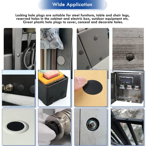 250 Piece Nylon Hole Plugs Set In 8 Sizes installed in various furniture and panel applications, showing versatility and fit.