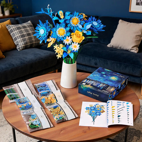 Starry Blooms Flower Bouquet Building Set for Adults Totally Inspired by Van Gogh Starry Night, 512 ABS bricks, 14 flowers in vase