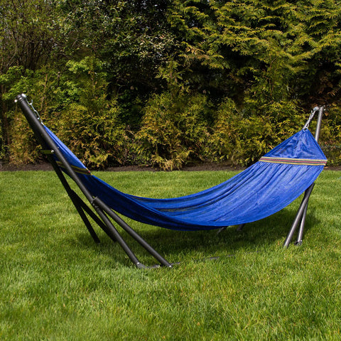 Heavy Duty Outdoor Hammock With Collapsible Steel Stand And Carrying Case, On The Go And Adjustable, Holds Up To 450 Lb Capacity, Navy Foldable Hammock Set For Camping Beach Patio