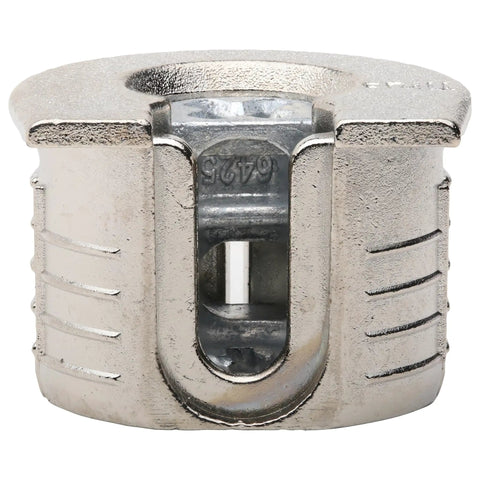 Pro Grade Zinc Cam Lock Connectors For 19mm Panels, Drop In Ridge System Six Hardware, Nickel Plated furniture fastener close-up.