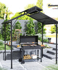 Hardtop Grill Gazebo For Outdoor Cooking With Double Roof 8 Ft By 5 Ft BBQ Canopy Two Side Shelves And Ten Hooks Weatherproof