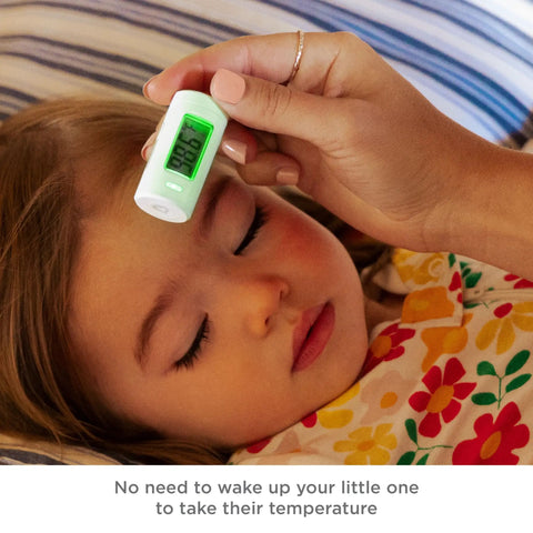 Infrared Forehead Thermometer For All Ages No Touch Quick Readings In One Second With Clear LCD Display Color Coded Fever Alerts Portable Fam Friendly Design For Babies Kids And Adults, white used on sleeping child