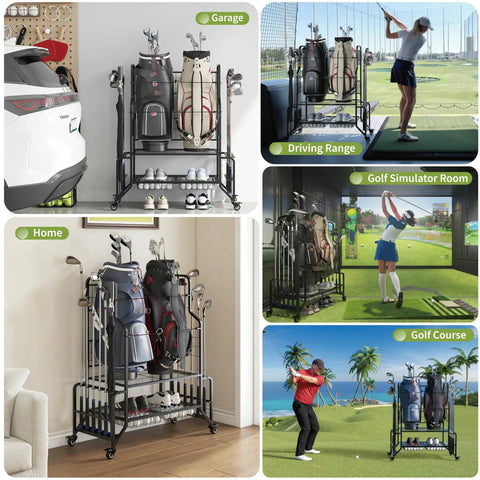 All In One Golf Bag Storage Organizer For Garage Or Shed Double Bag Stand With Extra Wide Shelves Fits Two Full Size Bags Plus Shoes Balls Clubs And Accessories Heavy Duty Golf Gear Rack in various locations