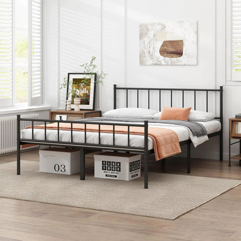 Tough Built Queen Metal Bed Frame With Steel Slat Support Zero Squeak Design Easy As Pie Assembly And Tons Of Under Bed Storage, displayed in a bedroom.