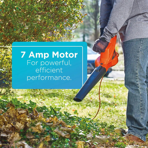 Person using a Powerful Corded Electric Leaf Blower For Quick Yard Cleanup on leaves, showcasing the 7 Amp motor power