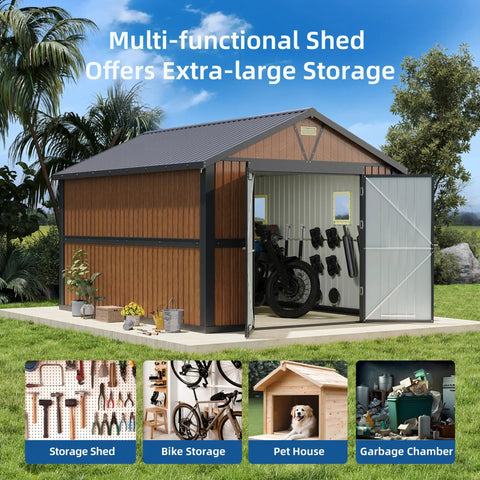 10x12 Ft Outdoor Storage Shed With Lockable Doors And Window, heavy-duty metal garden shed, open door showing tools inside