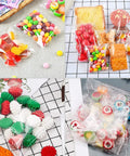 Clear self sealing cookie bags 5x6 inch 100 pack with cookies, candies, and party favors, cellophane bags on display grid.