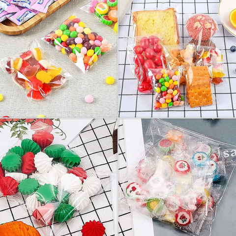 Clear self sealing cookie bags 5x6 inch 100 pack with cookies, candies, and party favors, cellophane bags on display grid.