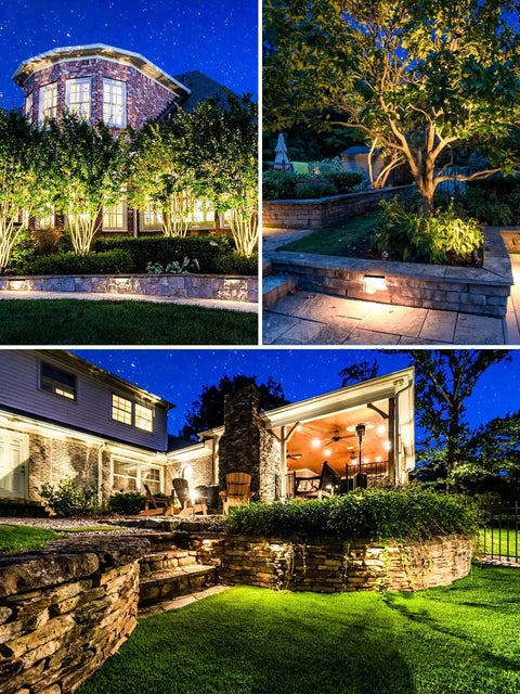 5W Retaining Wall Lights 7 Inch LED Hardscape Lighting illuminating house, steps, patio, outdoor scene at night, 12 pack.
