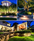Lit 5W LED Retaining Wall Lights 8 Pack illuminating outdoor stairs, paver paths, and walls with 3000K soft white light at night.