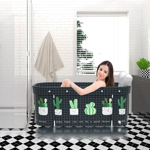 Woman using Portable Foldable Bathtub for Adults with Large Capacity, Cactus Style, 47.3 x 21.7 x 19.8 inch, in modern bathroom