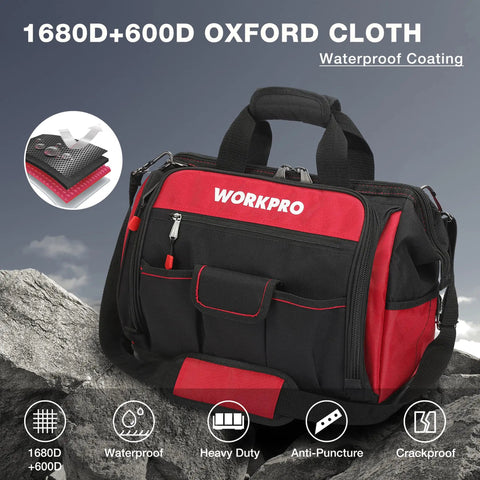 Rugged Wide Mouth Tool Bag With Waterproof Rubber Base For All Tools Heavy Duty Pro Grade Organizer With 46 Pockets